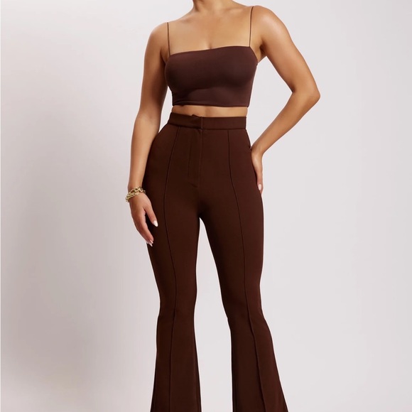 high waisted pants trousers with front slit sexy fit bnwt brown - Picture 1 of 3